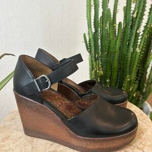 b.o.c. Black Leather Wedge Mules